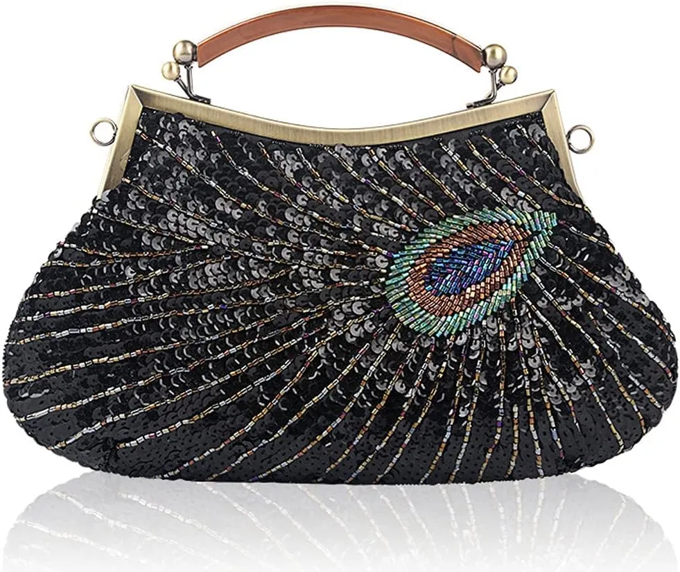 ROUROU Retro Peacock Handbag Sequin Clutch Bag Evening Shoulder Bag Wedding Crossbody Bag Top Handle Satchel Kiss Lock Purse