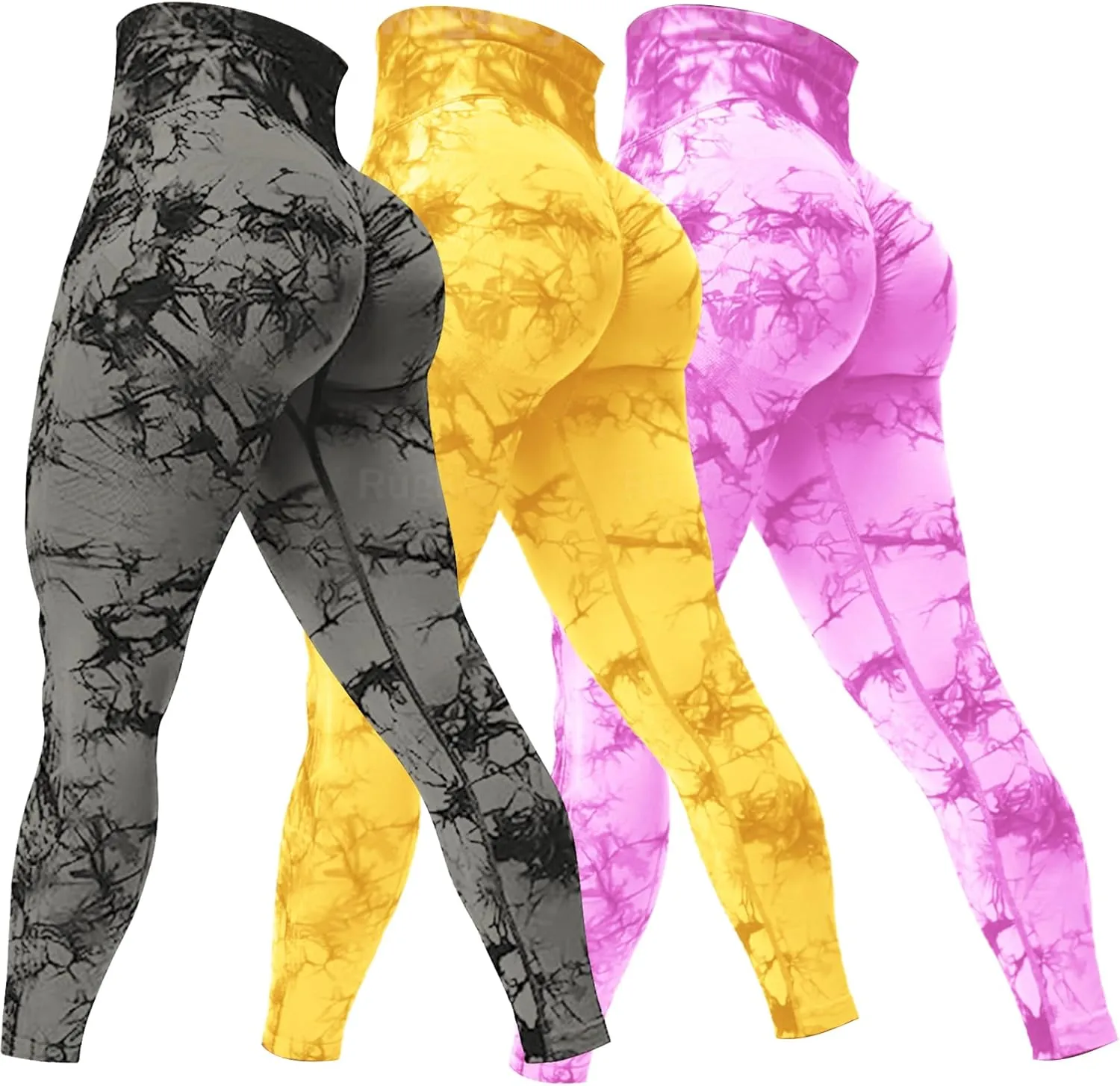 Rugkey Women's 3 Piece Yoga Leggings High Waist Tie Dye Seamless Scrunch Butt Lifting Athletic Booty Pants
