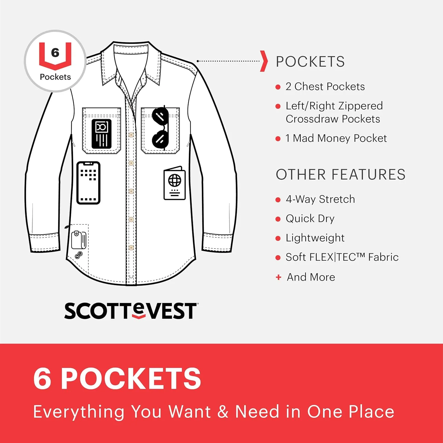 SCOTTeVEST Sabrina Shirt for Women - 6 Hidden Pockets - Lightweight Quick Dry Casual Top for Travel & More