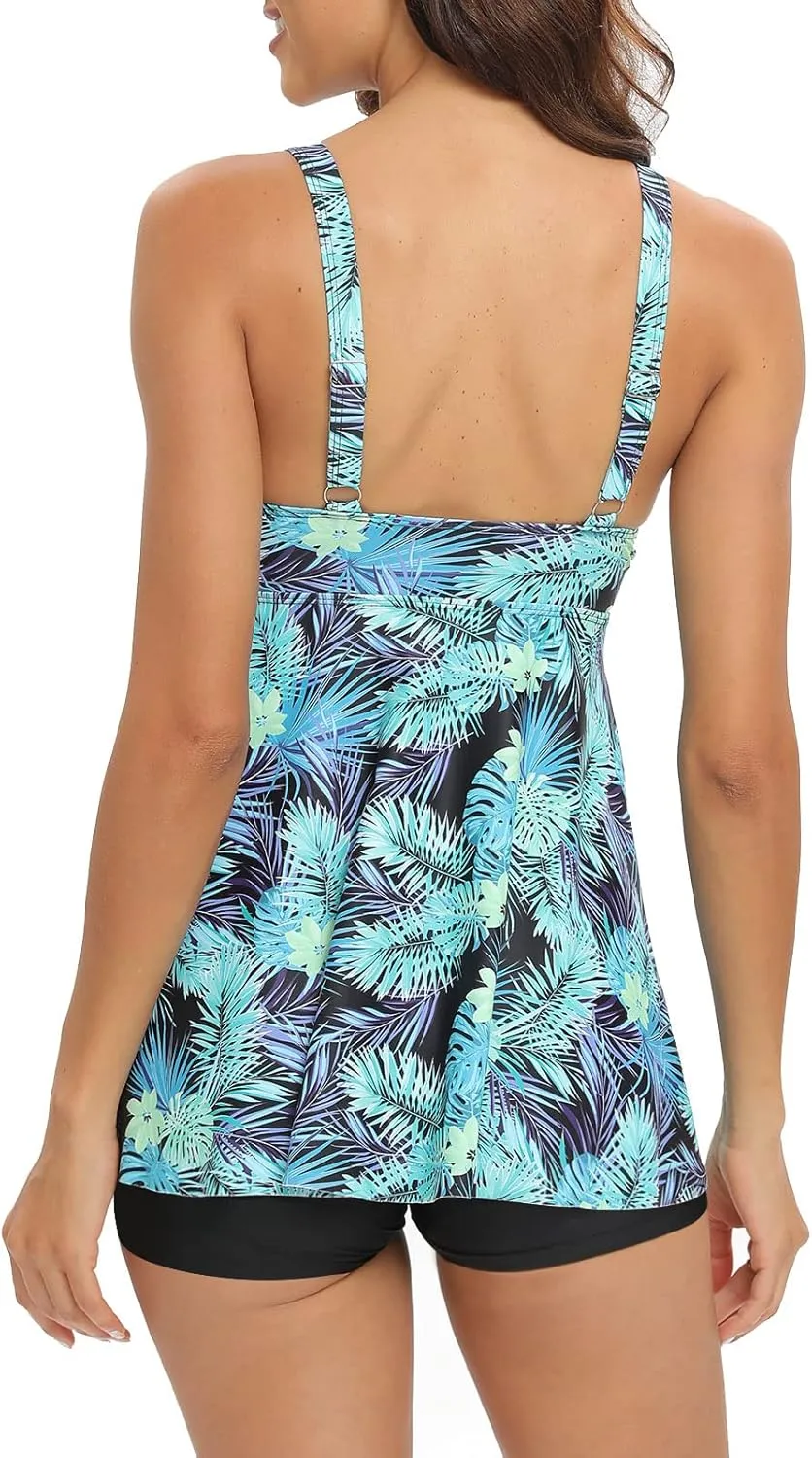 SEAFORM Women's Tankini Bathing Suits Two-Piece Tummy Control Swim Dress High Waist Printing Padded Swimsuits with Boyshorts