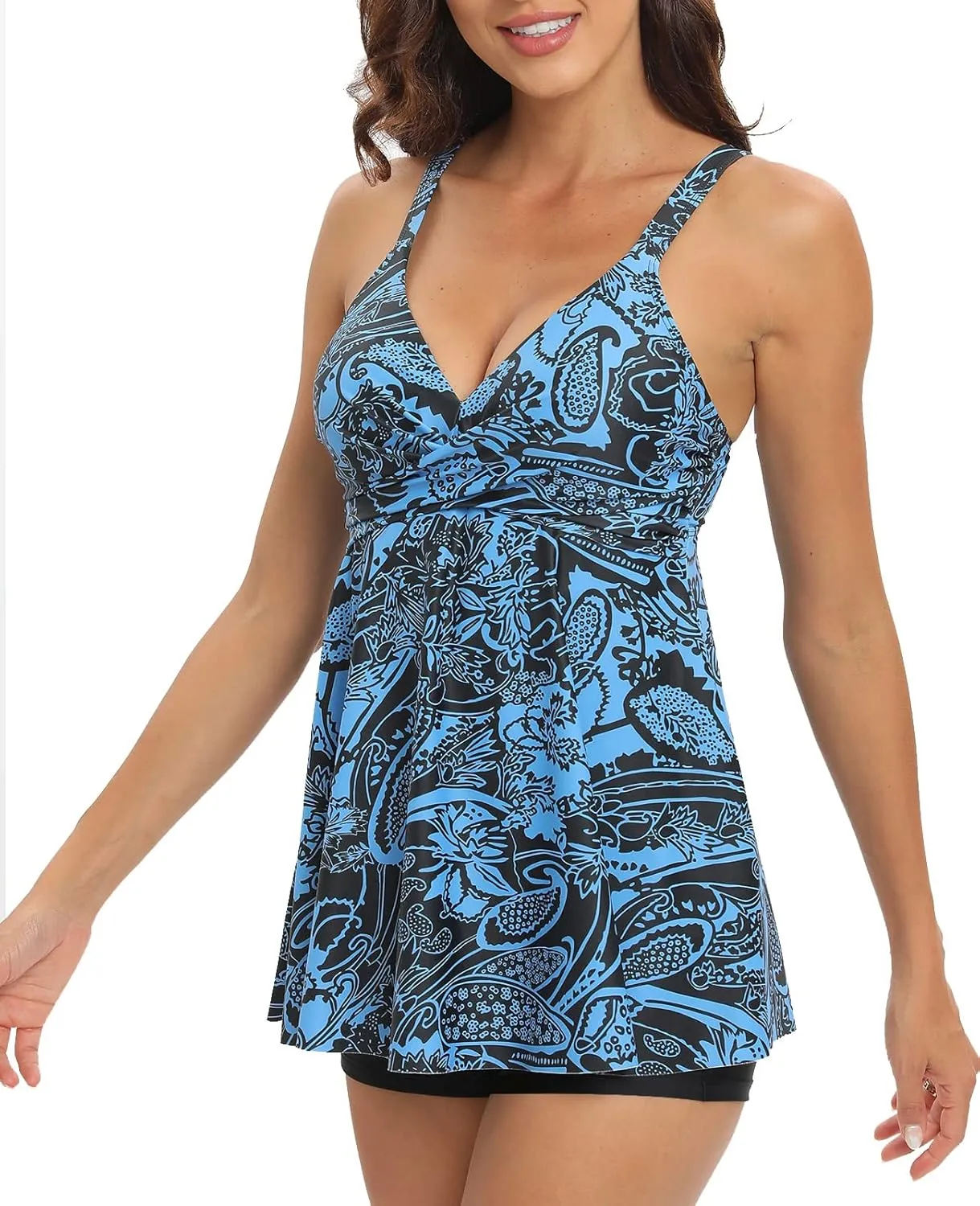 SEAFORM Women's Tankini Bathing Suits Two-Piece Tummy Control Swim Dress High Waist Printing Padded Swimsuits with Boyshorts