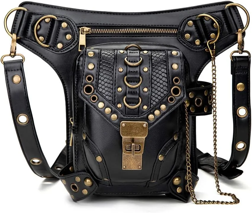 Shoulder Bag Leather Handbag Leg Purse Steampunk Waist Bag Motorcycle Waist Pack Retro Rock Gothic Goth, One Color, One Size