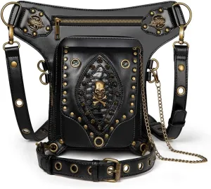 Skull PU Leather Steampunk Shoulder Waist Leg Bag Motorcycle Waist Pack Multi-Purpose or Men Wome, One Color, One Size