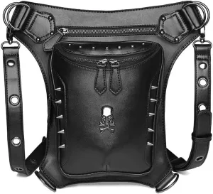 Skull Punk Motorcycle Lady Bag Fanny Pack Fashion Gothic Leather PU Leather Shoulder Sport Chain Bags for Women Men, One Color, One Size