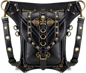 Skull Steampunk PU Leather Biker Cycler Vintage Gothic Shoulder Handbag Leg Purse Retro Rock Gothic Goth, One Color, One Size