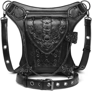 Skull Steampunk Waist Bag Leather Motorcycle Waist Pack PU Leather Women Shoulder Bag Lady Leg Bags, One Color, One Size