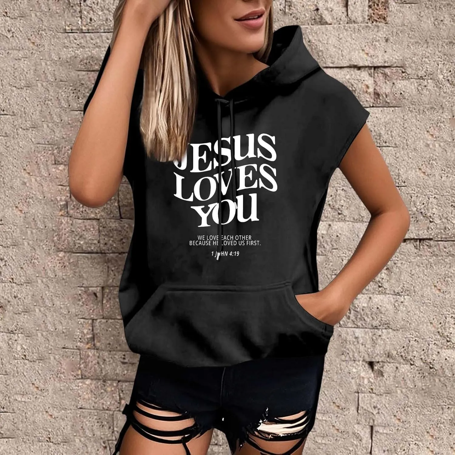 Sleeveless Hoodies for Women Jesus Loves You Workot Tank Tops Oversized Summer Lightweight Drawstring Hooded Vest with Pocket
