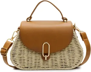Small Women Straw Bag Retro Rattan Woven Satchel with Flap Crossbody Shoulder Purse for Summer Beach Vacation