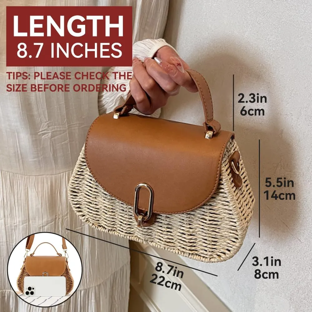Small Women Straw Bag Retro Rattan Woven Satchel with Flap Crossbody Shoulder Purse for Summer Beach Vacation
