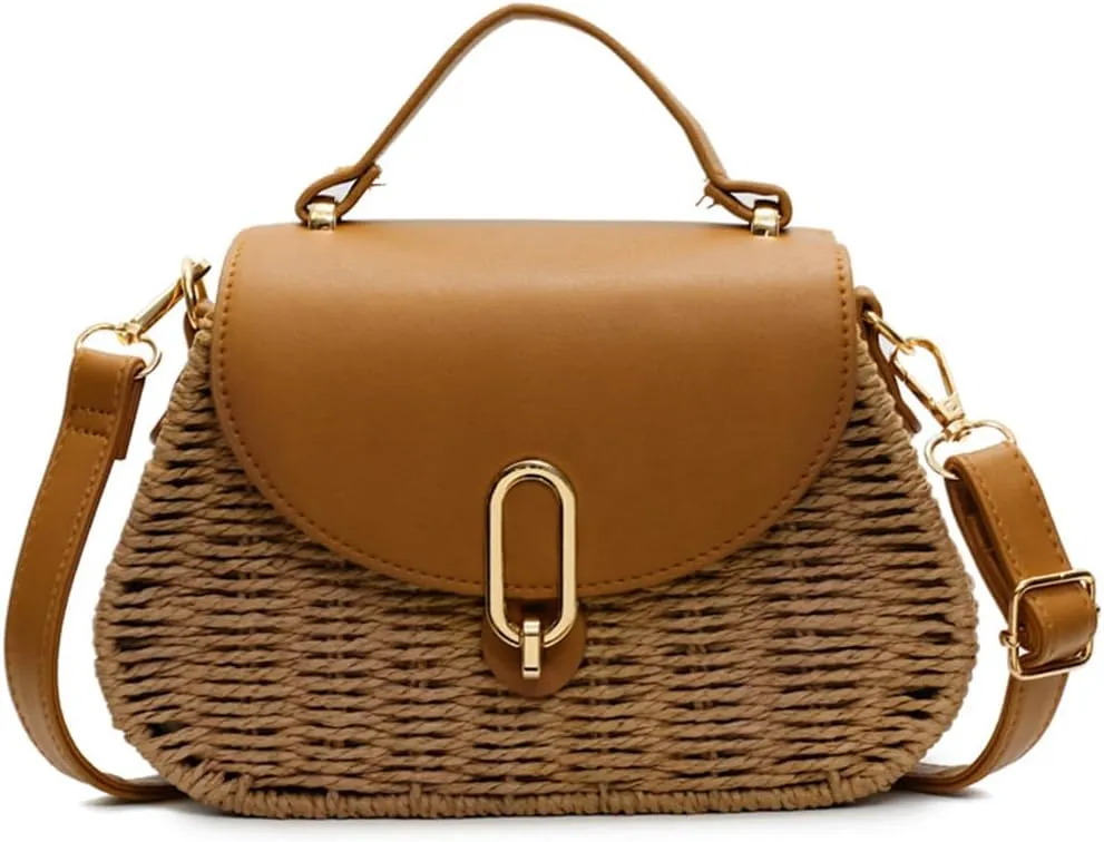 Small Women Straw Bag Retro Rattan Woven Satchel with Flap Crossbody Shoulder Purse for Summer Beach Vacation