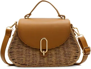 Small Women Straw Bag Retro Rattan Woven Satchel with Flap Crossbody Shoulder Purse for Summer Beach Vacation