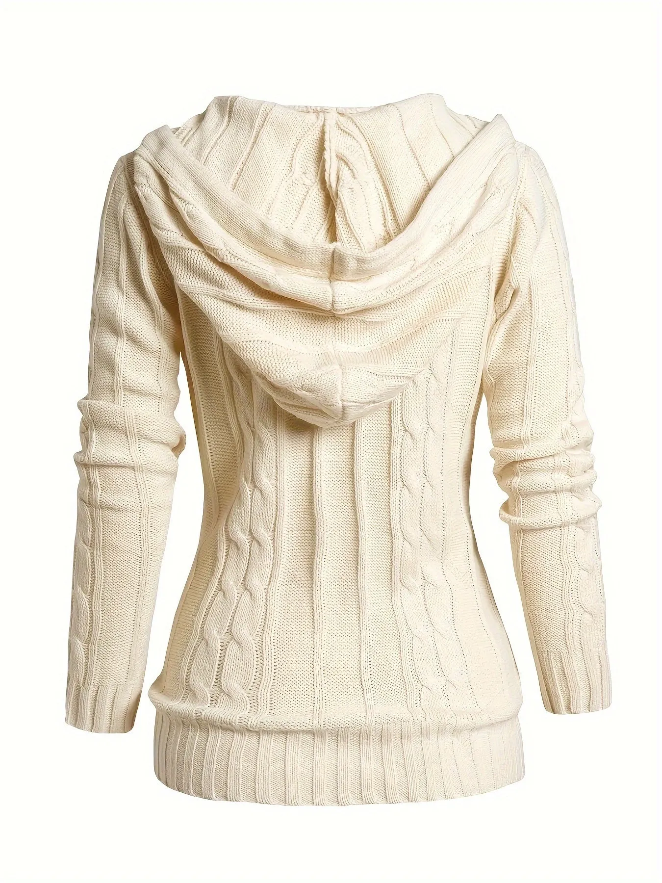 Solid Drawstring Hooded Cable Knit Cardigan - Casual Button-Down with Pockets