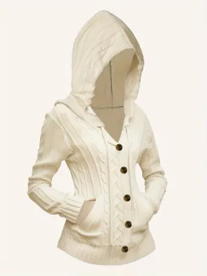 Solid Drawstring Hooded Cable Knit Cardigan - Casual Button-Down with Pockets