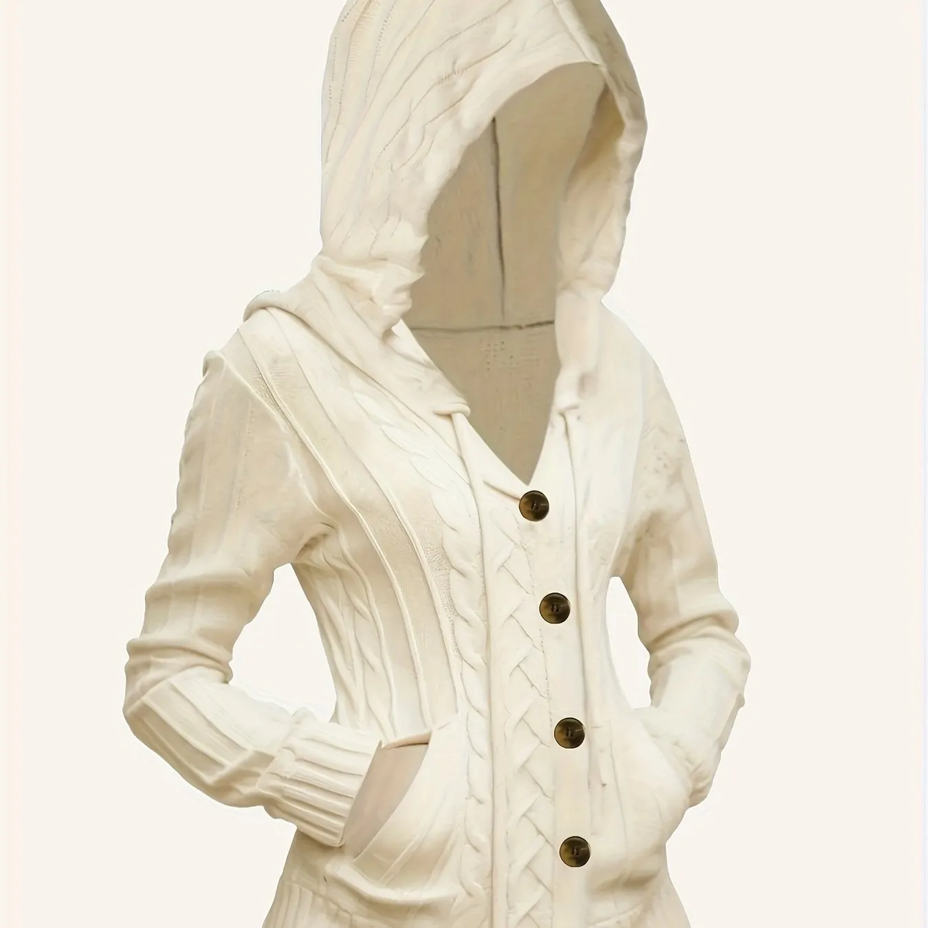 Solid Drawstring Hooded Cable Knit Cardigan - Casual Button-Down with Pockets