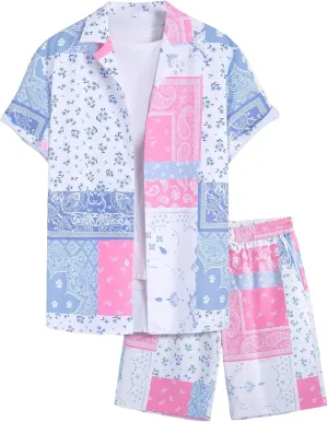 SOLY HUX Men's 2 Piece Outfits Tropical Print Short Sleeve Button Down Hawaiian Shirt and Shorts Set