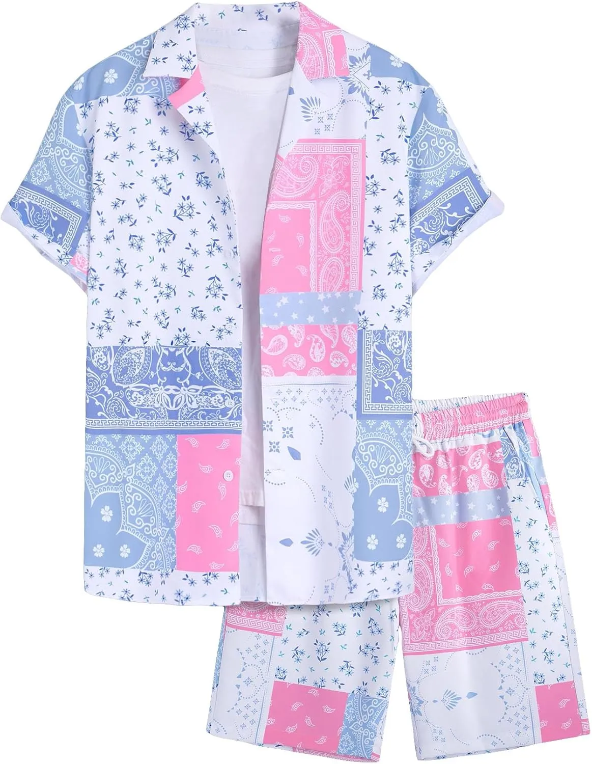SOLY HUX Men's 2 Piece Outfits Tropical Print Short Sleeve Button Down Hawaiian Shirt and Shorts Set