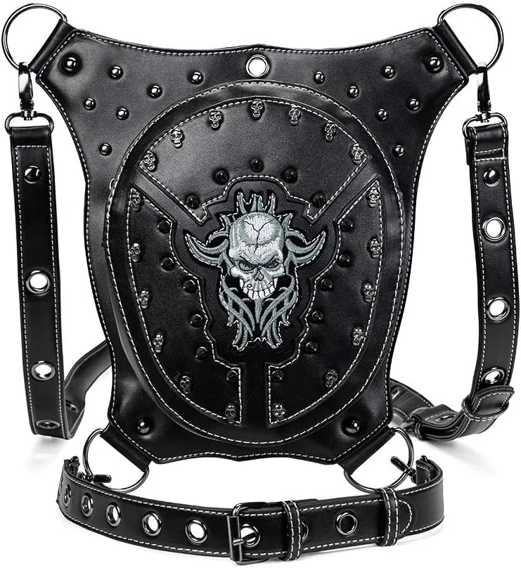 Steampunk Rivet Waist Pack Shoulder Bags Leg Bag Motorcycle Lady Bag PU Leather Biker Cycler, One Color, One Size