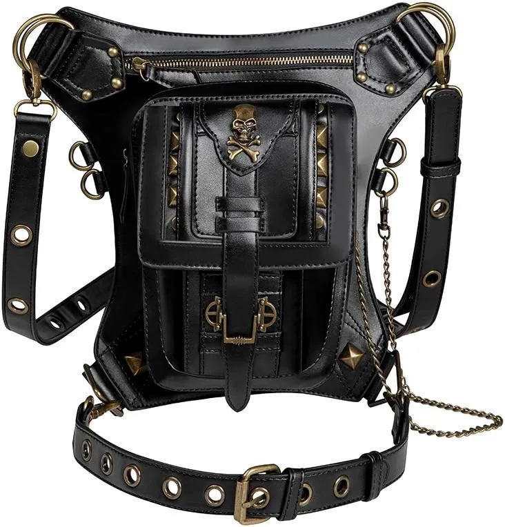 Steampunk Waist Bag Skull Leather Multi-Purpose Motorcycle Single Shoulder Crossbody Bags Retro Rock Gothic, One Color, One Size