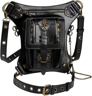 Steampunk Waist Bag Skull Leather Multi-Purpose Motorcycle Single Shoulder Crossbody Bags Retro Rock Gothic, One Color, One Size