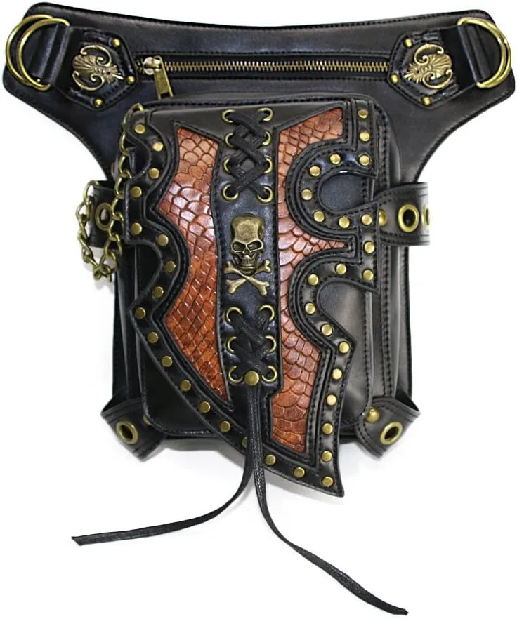 Steampunk Waist Skull Bag Fanny Pack Fashion Gothic Leather Multifunctional Bag Shoulder Bag Handbag Leg Purse, One Color, One Size