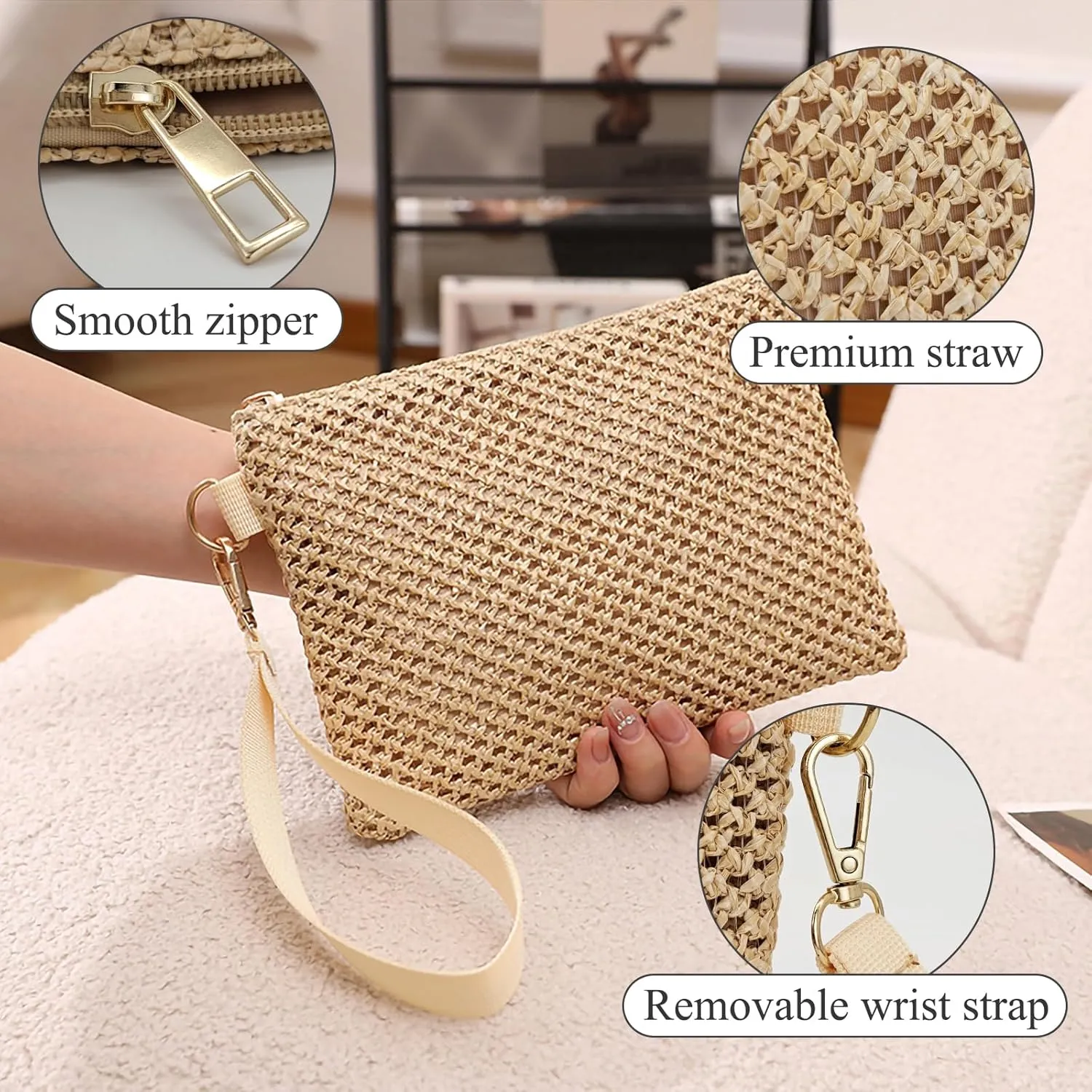 Straw Clutch Purses for Women, Bohemian Straw Handbag Small Summer Beach Bag Wristlet Wallet with Zip