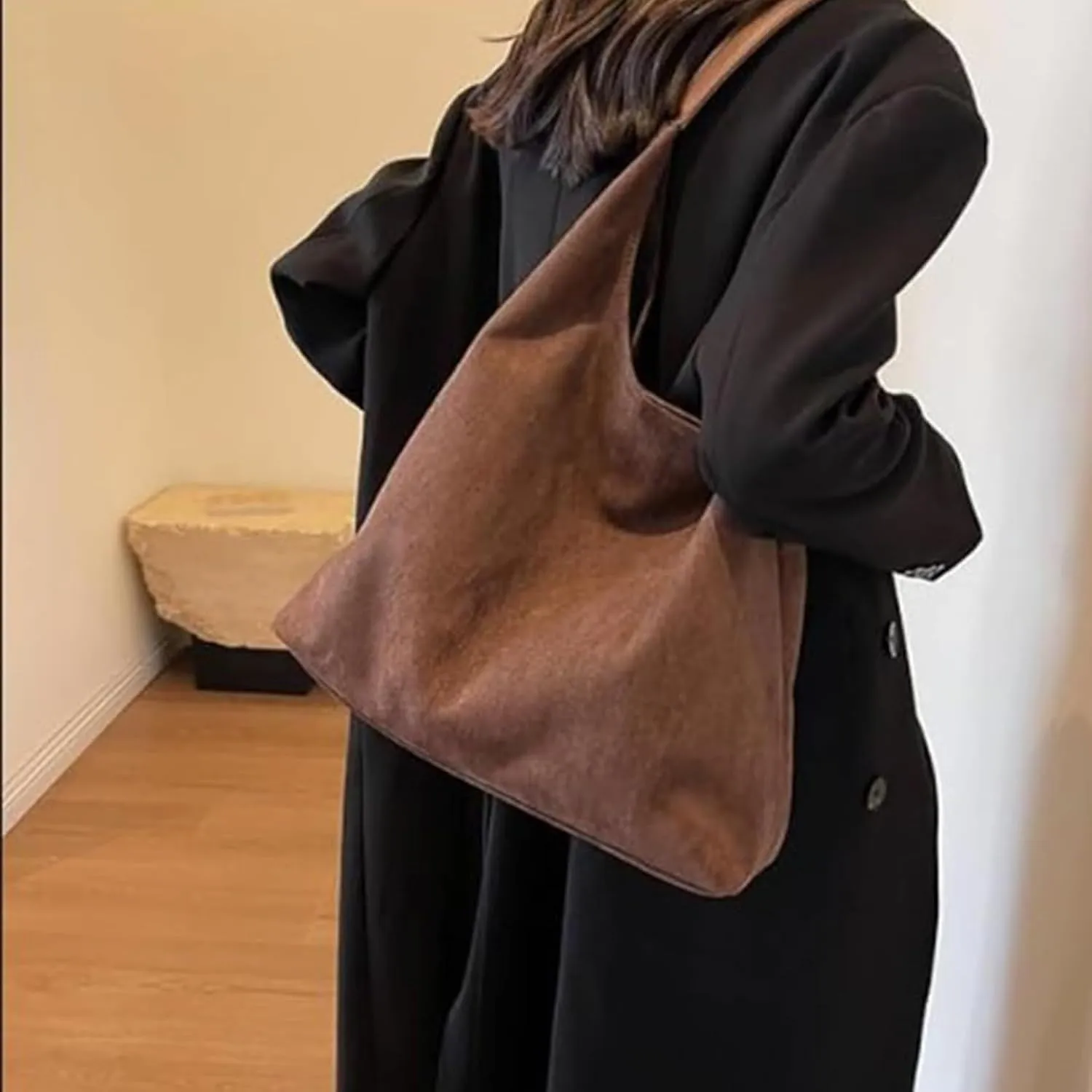 Suede Tote Bag, Retro Slouchy Tote Travel Shopping Bag, 2024 New Leather Hobo Bags for Women Suede Purse(Brown)