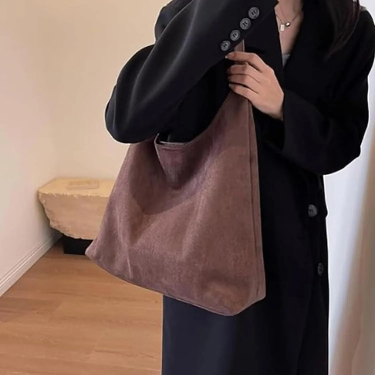 Suede Tote Bag, Retro Slouchy Tote Travel Shopping Bag, 2024 New Leather Hobo Bags for Women Suede Purse(Brown)