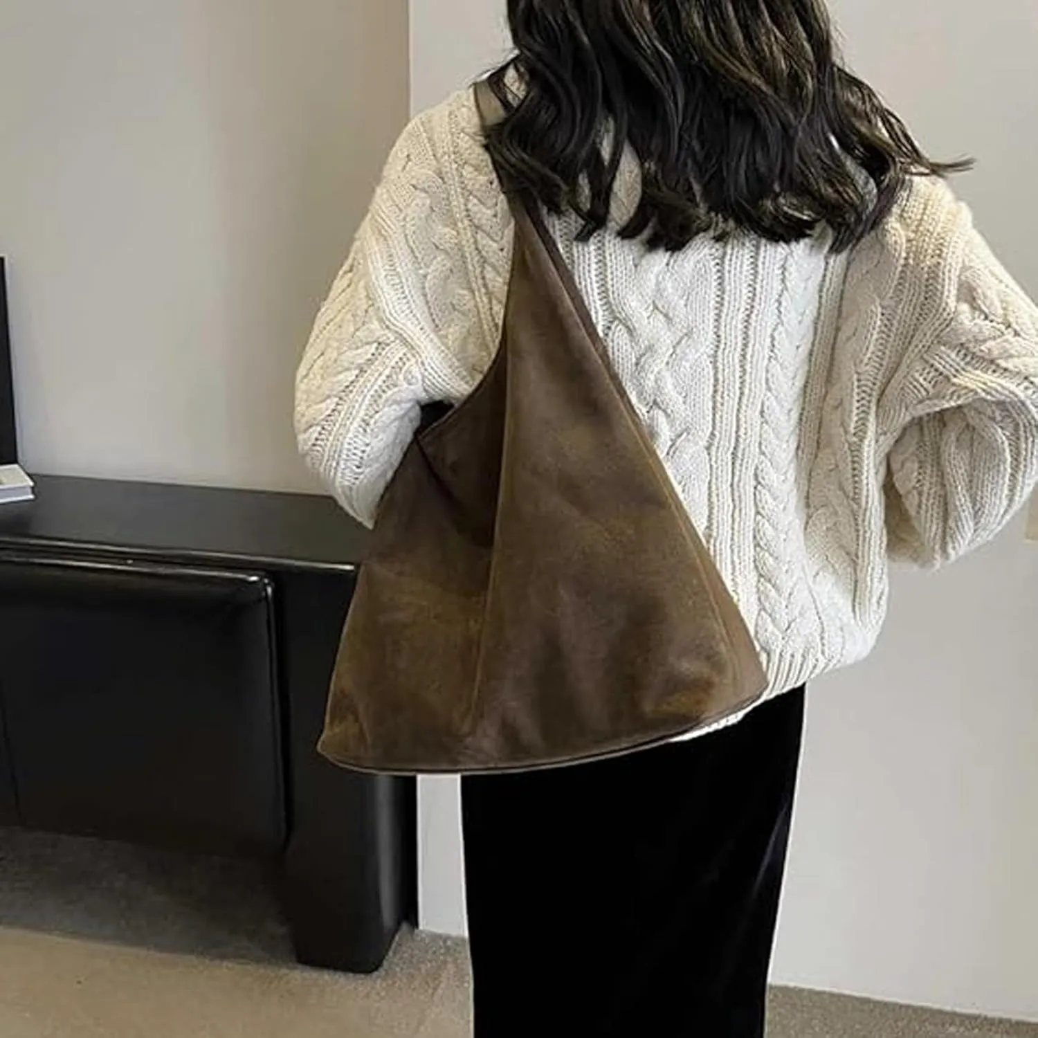 Suede Tote Bag, Retro Slouchy Tote Travel Shopping Bag, 2024 New Leather Hobo Bags for Women Suede Purse(Brown)