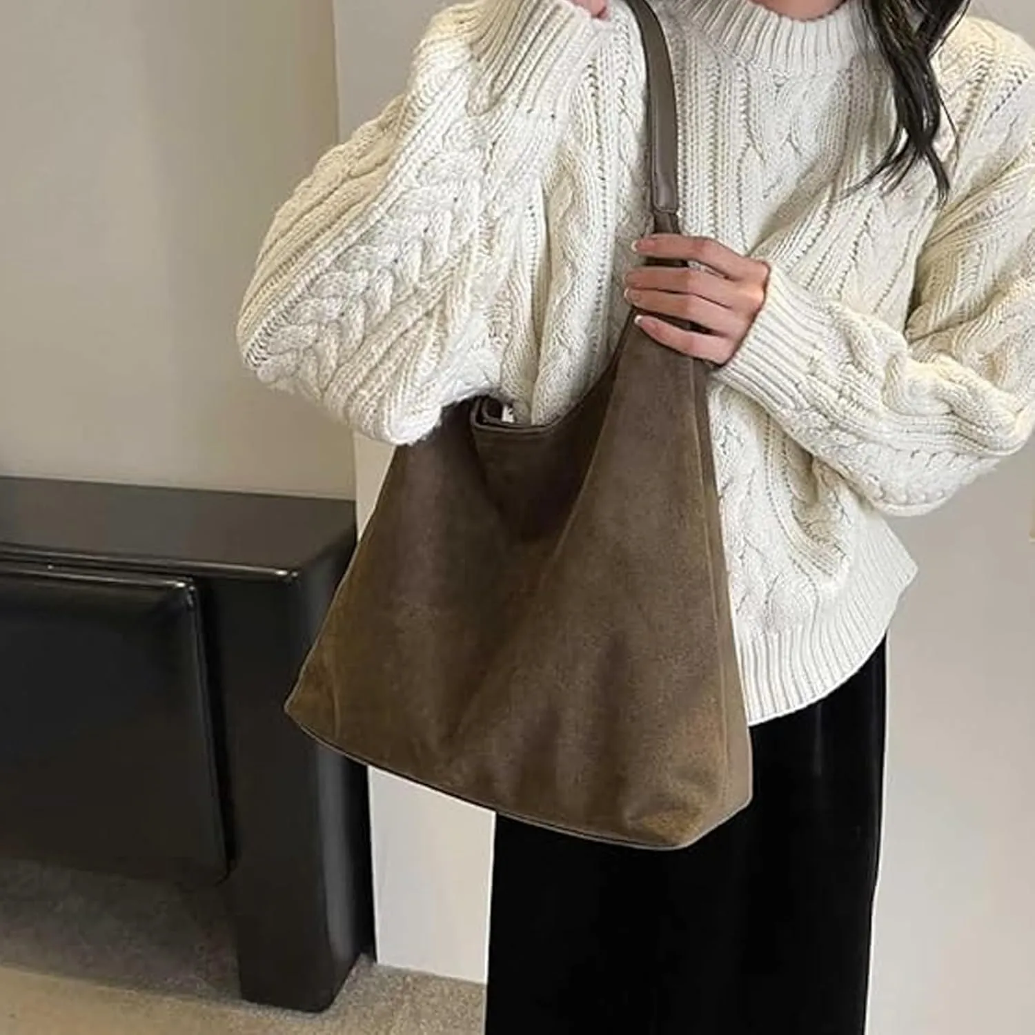 Suede Tote Bag, Retro Slouchy Tote Travel Shopping Bag, 2024 New Leather Hobo Bags for Women Suede Purse(Brown)
