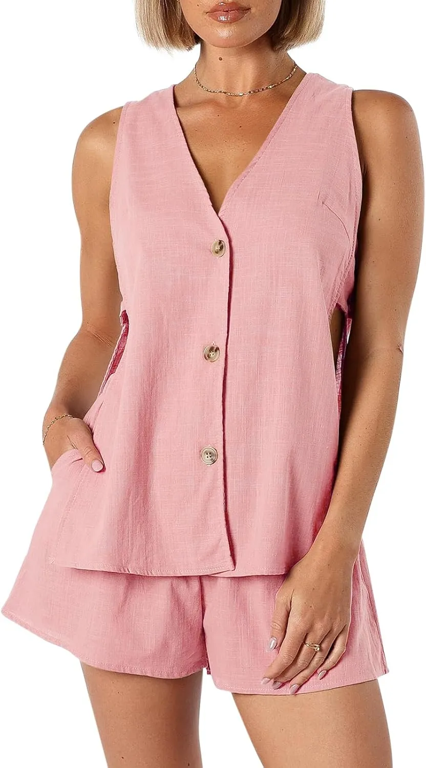 Tankaneo Womens Summer Vacation Outfits Beach Travel Cruise Resort Wear 2 Piece Short Sets Casual Tank Tops and Shorts