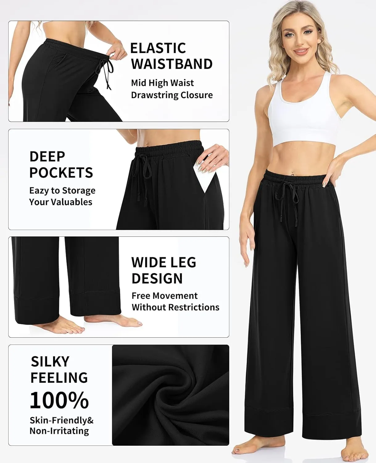 TARSE Wide Leg Yoga Pants for Women Plus Size Palazzo Trousers High Waist Lounge Pajamas Pants Casual Sweatpants with Pockets