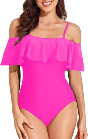 Tempt Me Off Shoulder One Piece Swimsuit for Women Ruffled Sleeves Retro Bathing Suits