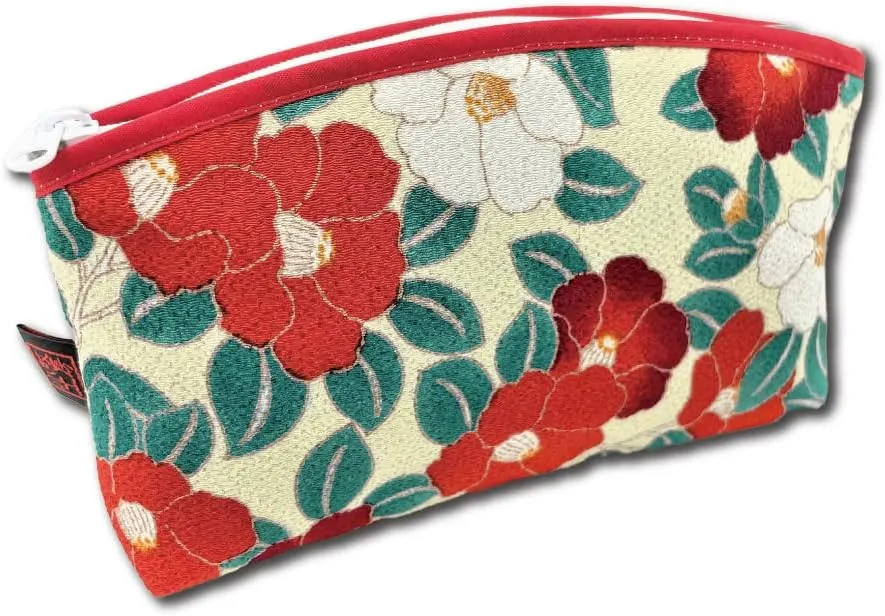 Terra Distribution Small Makeup Bag for Purse [ Made in Japan] Traditional Edo Komon Design Cute Cosmetic Pouch (Camellia flower (Ivory))