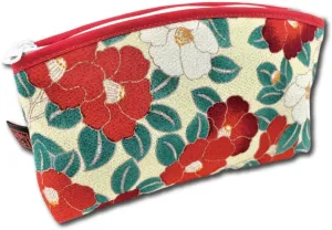 Terra Distribution Small Makeup Bag for Purse [ Made in Japan] Traditional Edo Komon Design Cute Cosmetic Pouch (Camellia flower (Ivory))