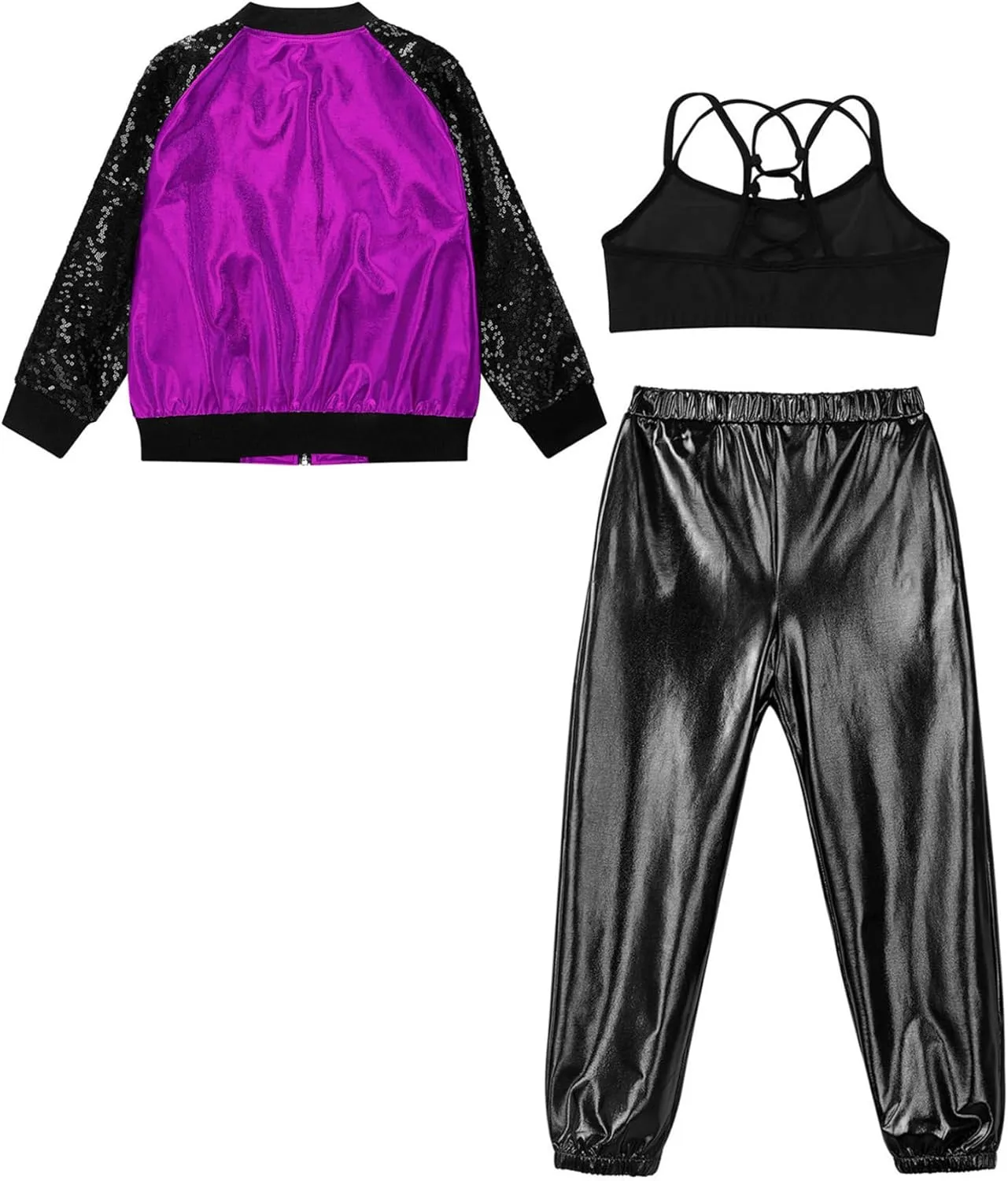 TiaoBug Kids Girls Long Sleeve Bomber Jacket Hip Hop Jazz Street Ballet Dance Coat Sports Bra Vest with Harem Pants Set