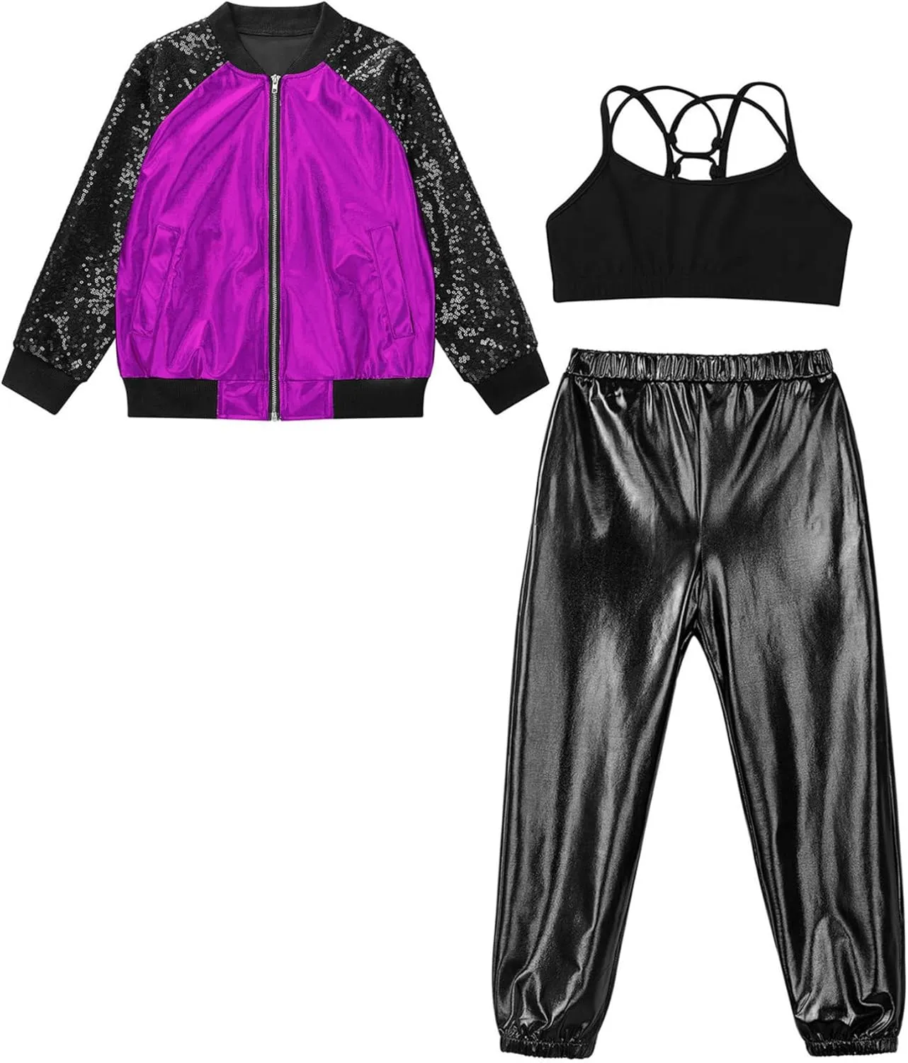 TiaoBug Kids Girls Long Sleeve Bomber Jacket Hip Hop Jazz Street Ballet Dance Coat Sports Bra Vest with Harem Pants Set