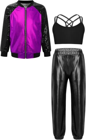 TiaoBug Kids Girls Long Sleeve Bomber Jacket Hip Hop Jazz Street Ballet Dance Coat Sports Bra Vest with Harem Pants Set
