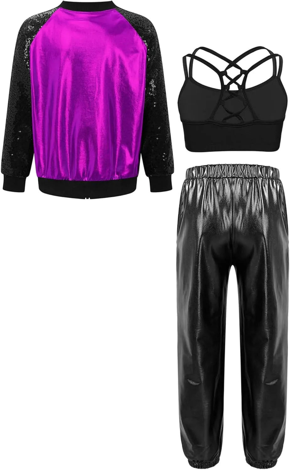 TiaoBug Kids Girls Long Sleeve Bomber Jacket Hip Hop Jazz Street Ballet Dance Coat Sports Bra Vest with Harem Pants Set