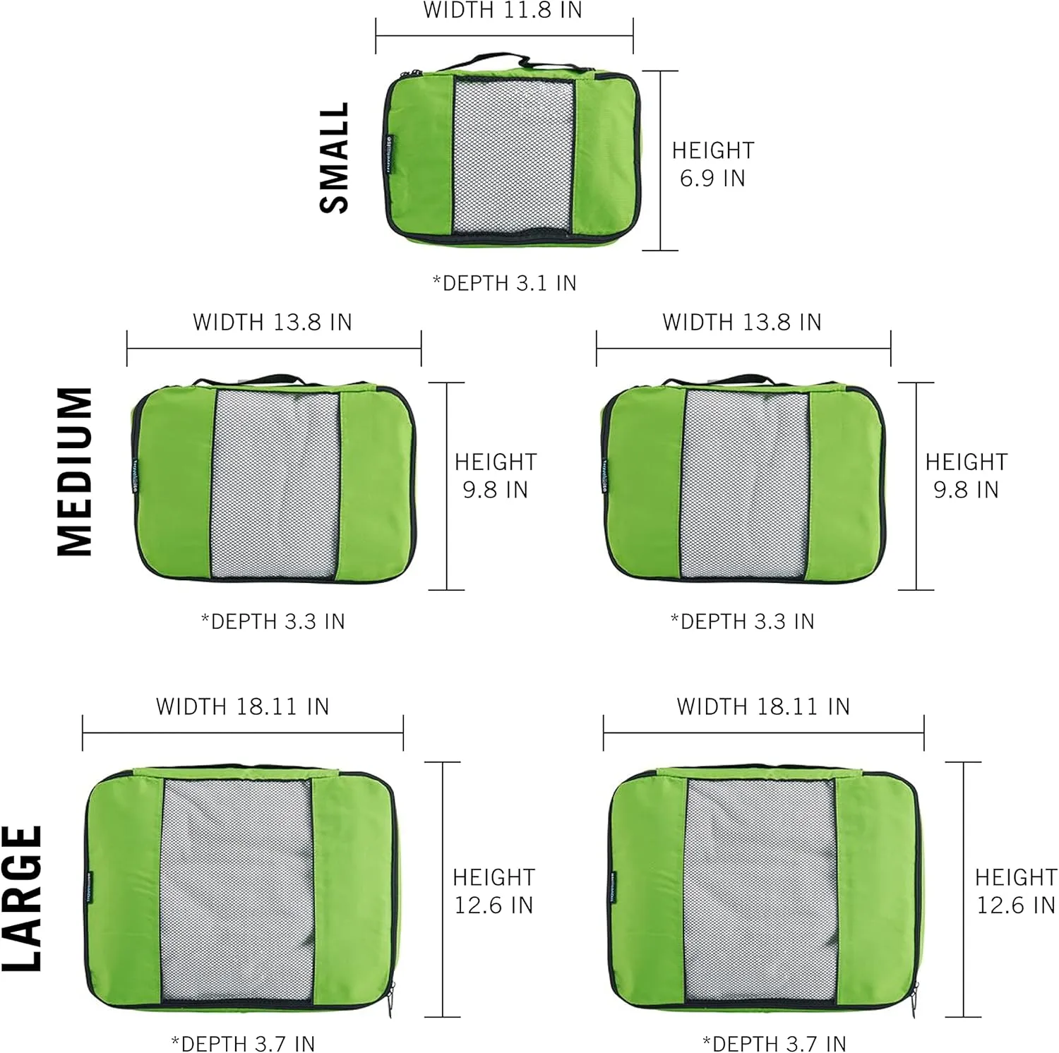 TravelWise Luggage Packing Organization Cubes 5 Pack, Lime, 1 Small, 2 Medium, 2 Large