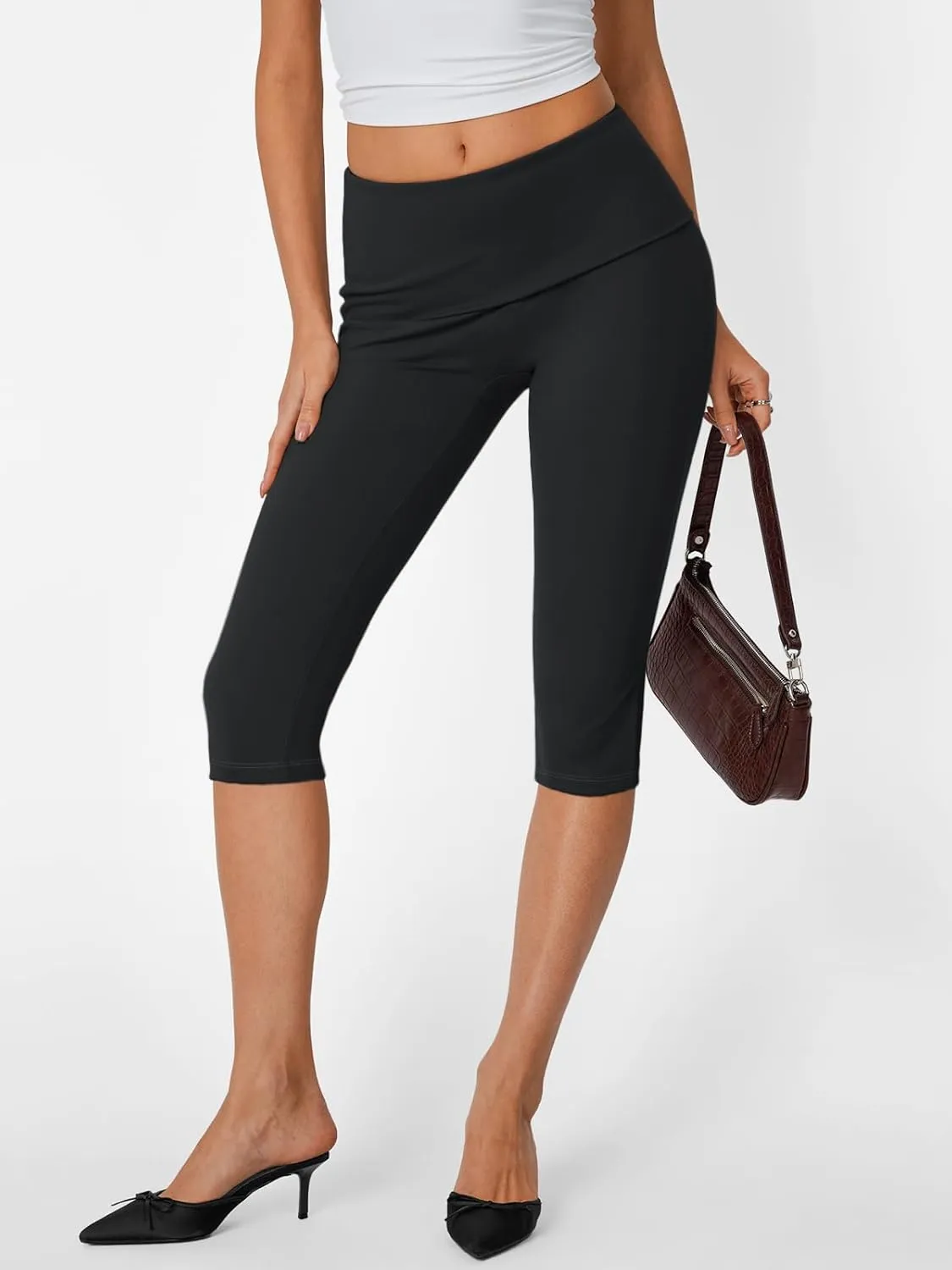 Trendy Queen Capri Leggings for Women Fold Over Gym Yoga Pants Stretch Casual Bottoms High Waisted Athletic Summer Outfits