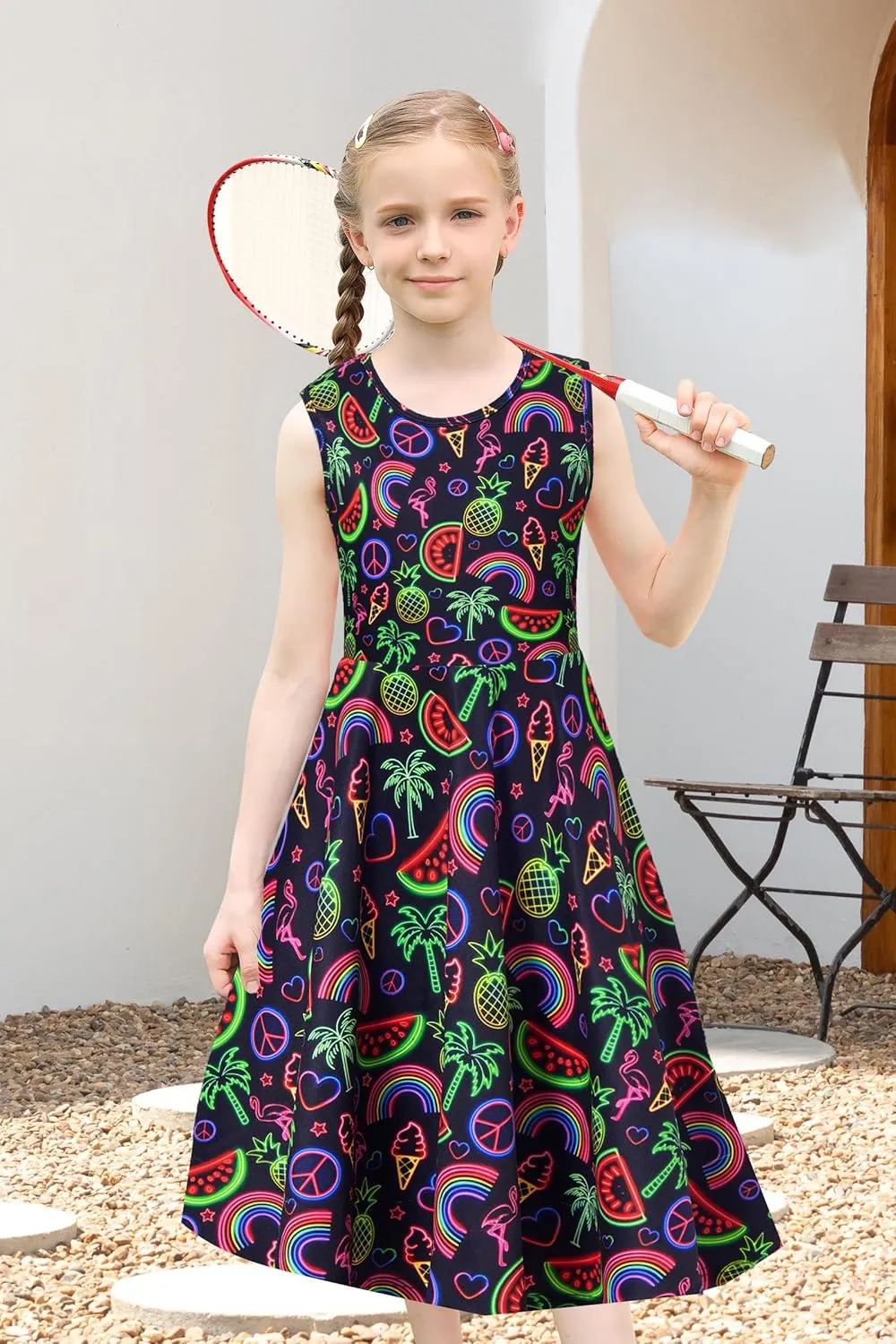 uideazone Girls Sleeveless Dress Round Neck Floral Printed Sundress for Casual Home Party Beach 4-12 Years