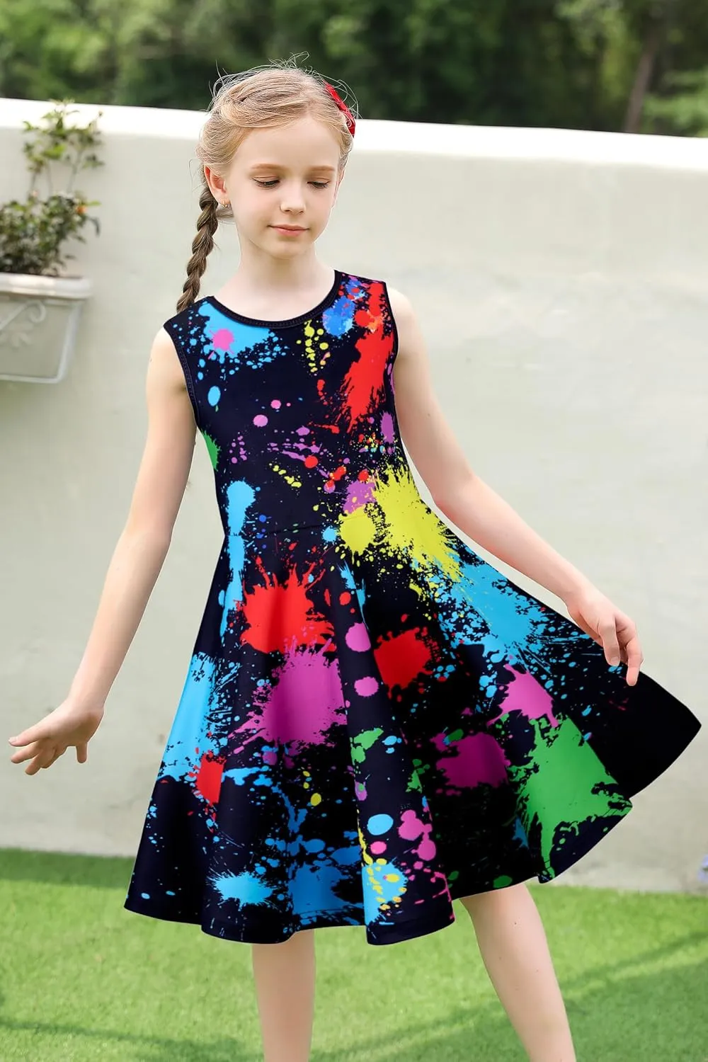 uideazone Girls Sleeveless Dress Round Neck Floral Printed Sundress for Casual Home Party Beach 4-12 Years
