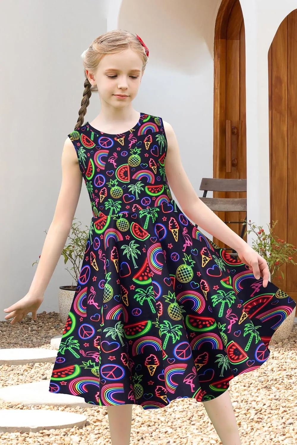 uideazone Girls Sleeveless Dress Round Neck Floral Printed Sundress for Casual Home Party Beach 4-12 Years