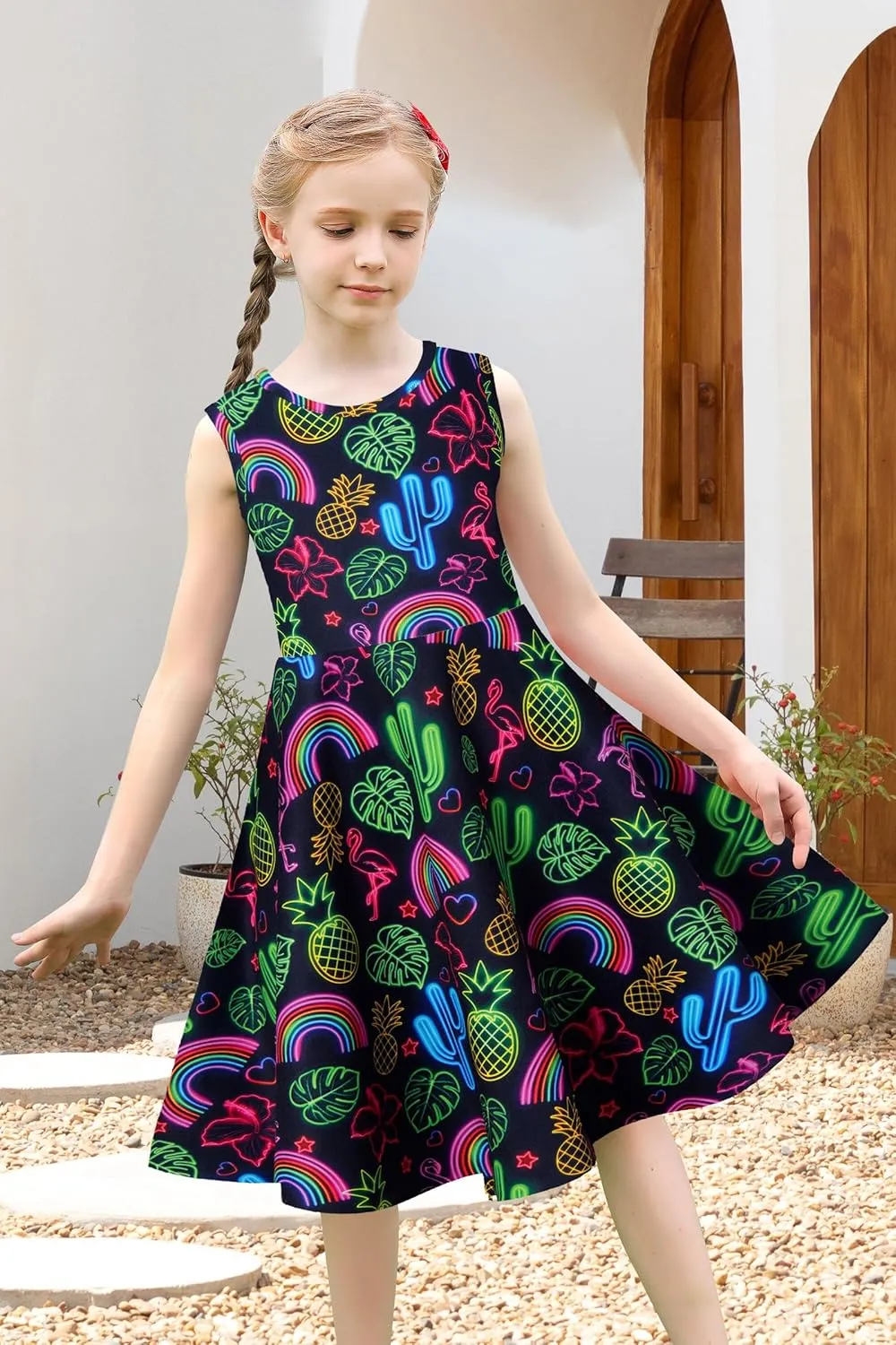 uideazone Girls Sleeveless Dress Round Neck Floral Printed Sundress for Casual Home Party Beach 4-12 Years