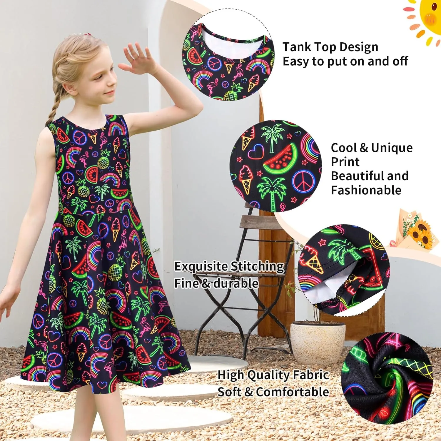 uideazone Girls Sleeveless Dress Round Neck Floral Printed Sundress for Casual Home Party Beach 4-12 Years