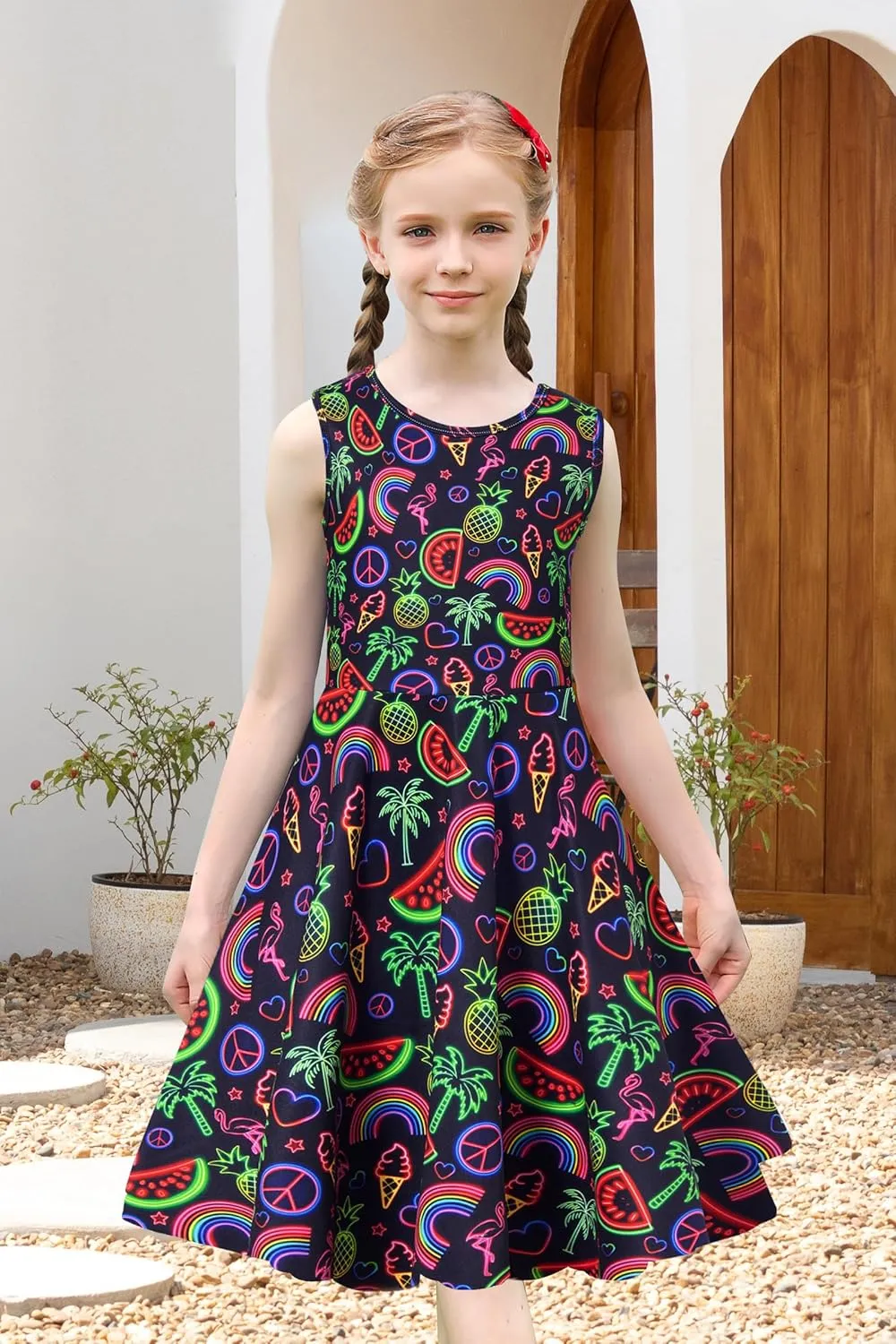 uideazone Girls Sleeveless Dress Round Neck Floral Printed Sundress for Casual Home Party Beach 4-12 Years