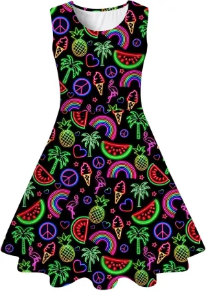 uideazone Girls Sleeveless Dress Round Neck Floral Printed Sundress for Casual Home Party Beach 4-12 Years