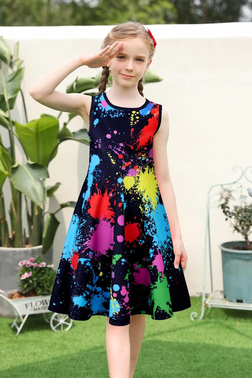 uideazone Girls Sleeveless Dress Round Neck Floral Printed Sundress for Casual Home Party Beach 4-12 Years