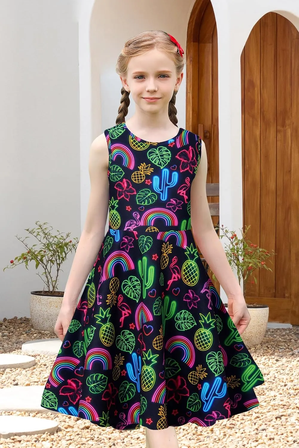uideazone Girls Sleeveless Dress Round Neck Floral Printed Sundress for Casual Home Party Beach 4-12 Years