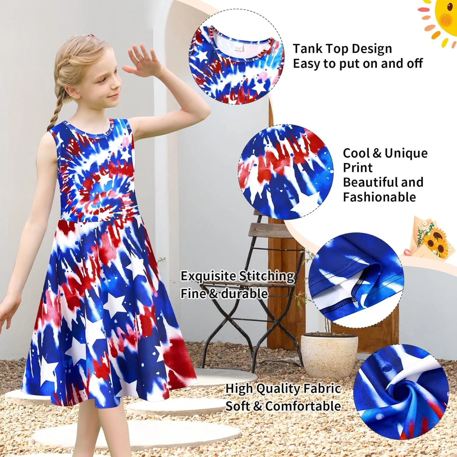 uideazone Girls Sleeveless Dress Round Neck Floral Printed Sundress for Casual Home Party Beach 4-12 Years